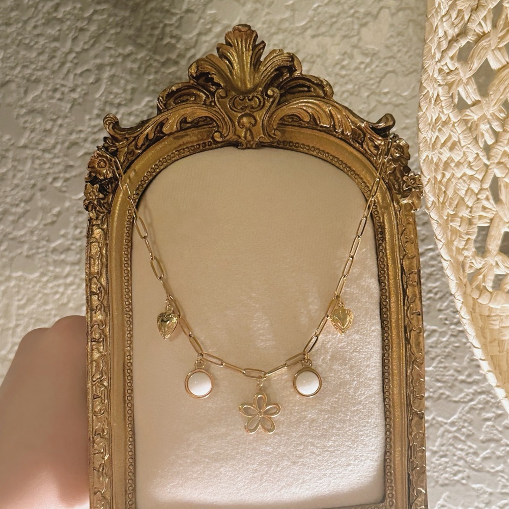 Gold and White Charm Dainty Charm Necklace